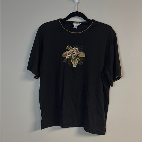 BonWorth Tops - BonWorth Black Short Sleeve Tee with Embroidery Botanical Design